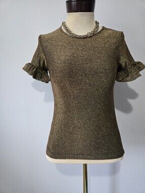 Las Pepas Argentina Gold Metallic Ruffle Sleeve Stretch Top. Size 1